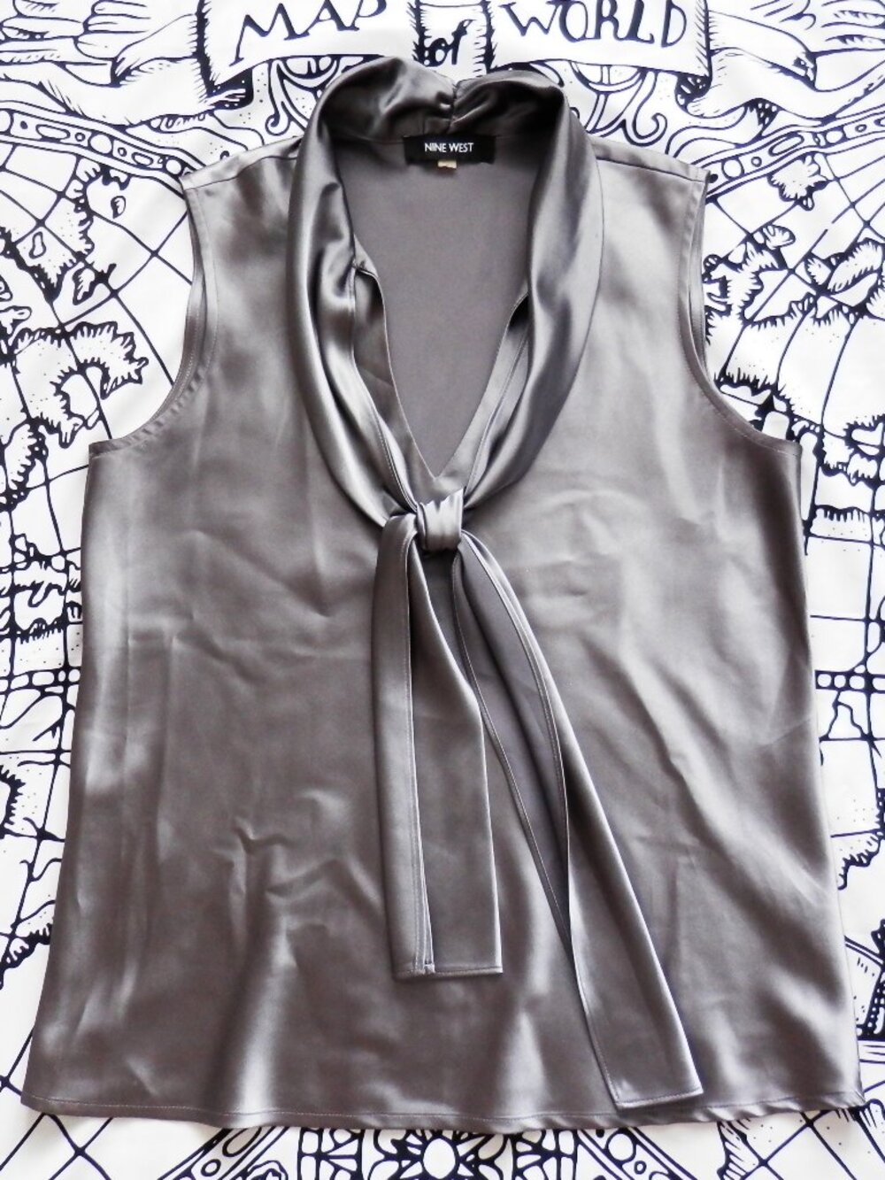 Nine West || Sleeveless Metallic Charmeuse Blouse with Neck Tie Detail